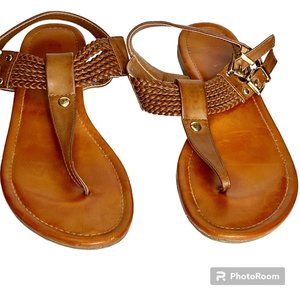 Target Faux-Leather Brown Braided Ankle Adjustable Buckle T- Strap Sandal Sz 8.5
